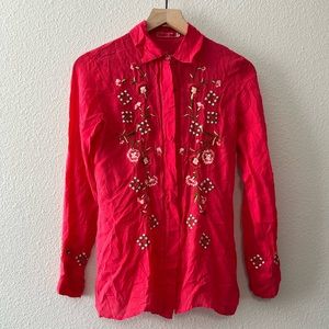 Johnny Was Embroidered Button along Sleeve Collared Floral Blouse XS
